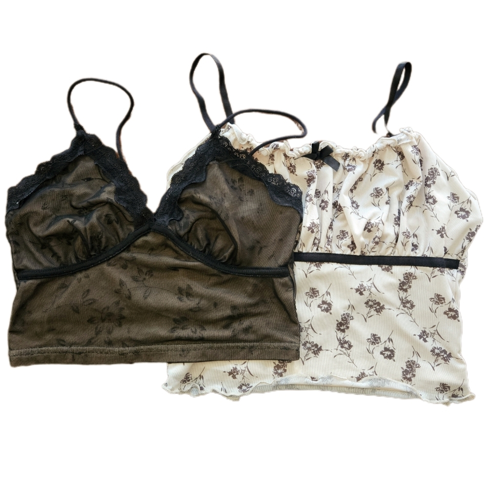 Floral Mesh Crop Top Bundle Women's Small Dark Coquette Babydoll Spaghetti Strap